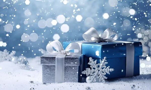 christmas presents on snowy winter background