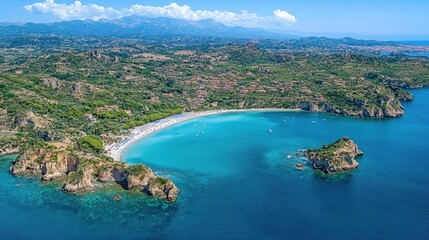 Fototapeta premium Aerial view of a secluded beach with turquoise water and lush green hills.