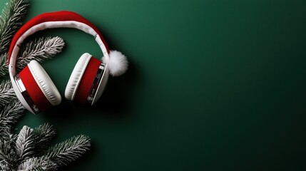 Festive wireless headphones with a Christmas hat on a vibrant green background for holiday sale