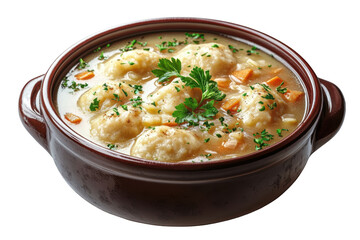 Chicken and dumpling stew with herbs, PNG isolated on transparent background, white background.