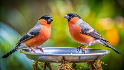 Fototapeta premium Eurasian Bullfinch Feeding - Low Light Back Garden Photography