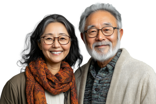 Smiling Old Happy Asian Couple in Winter Wear, Isolated, Transparent Background