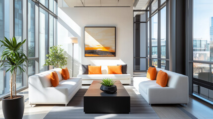 Fototapeta premium Minimalist interior design of modern living room with white sofas and vibrant orange accents 