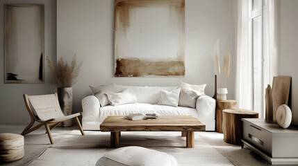 Minimalist interior design of modern living room with natural wood accents and abstract art
