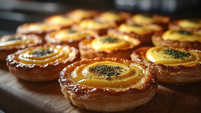 Delicious custard tarts on wooden board in warm kitchen lighting for baking enthusiasts