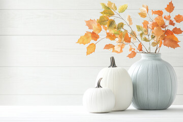 serene autumn arrangement featuring white pumpkins and blue vase with orange leaves, evoking cozy seasonal atmosphere