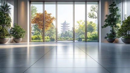Fototapeta premium Traditional Chinese Architecture with Platform, Road, and Parking Area on Brick Surface for Automotive Advertisement Featuring Blank Background