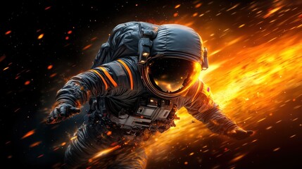 An astronaut explores the beauty of the cosmos in a vibrant, fiery expanse during a space adventure