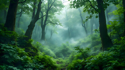 Obraz premium Serene Misty Evergreen Forest in the Mountains