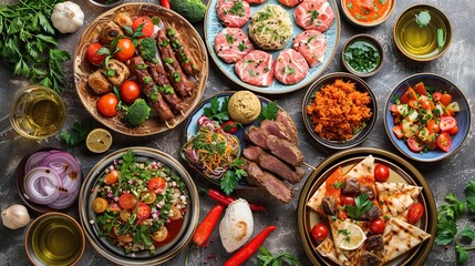 Fototapeta premium A spread of Middle Eastern dishes, including grilled meats, salads, and dips, on a rustic table.