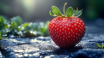 Vibrant strawberry in sunlit garden setting with dew-kissed leaves