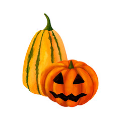 Halloween composition of orange and green pumpkins with jack-o'-lanterns, Festive autumn mood for decoration, printing on postcards, stickers, invitations, textiles and paper