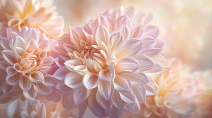 A close-up of delicate, pastel-colored dahlia flowers in soft focus.