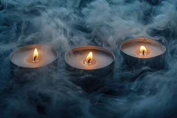 Fototapeta premium Gentle Flames of Three Candles Against Dark Background