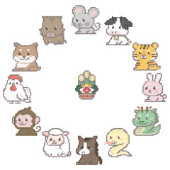 干支のイメージ, ドット絵, 十二支と門松