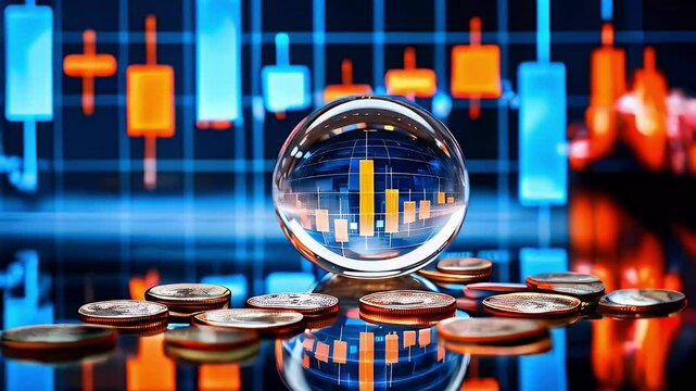 Glass globe reflecting a stock market graph with coins in front, symbolizing financial growth and investment.