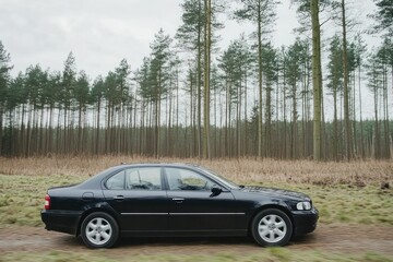 Striking Black Luxury Vehicle in Motion Through Forest