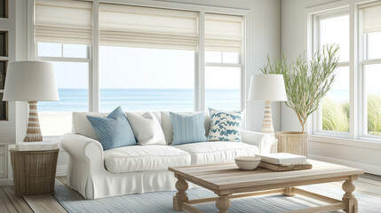 Fototapeta premium Coastal interior design of living room with ocean view, white sofa, blue accents, and natural decor 