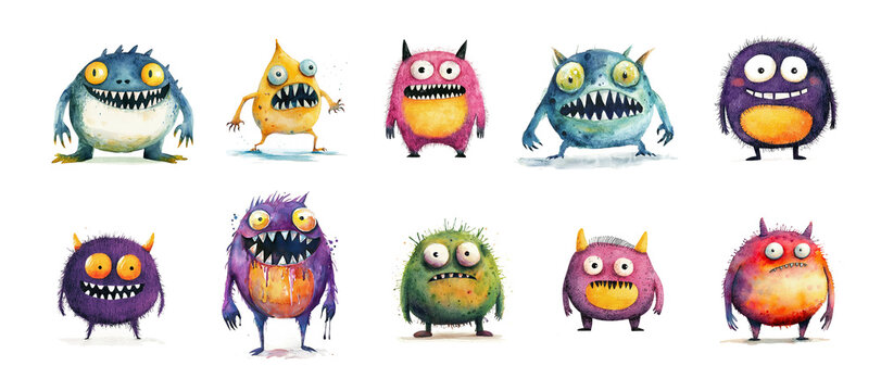 A colorful set of funny, cheerful monsters with horns and teeth isolated on white. A spooky collection of watercolor illustrations of fun furry creatures. AI-generated clip art