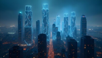 Fototapeta premium Skyscrapers and neon lit cities at night in the future