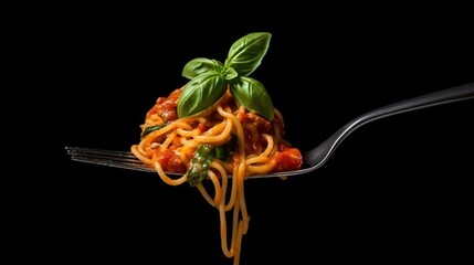 A fork holds a portion of spaghetti with tomato sauce and basil on top, all against a black background.