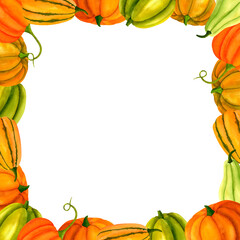 Pumpkin orange and green autumn frame, watercolor realistic botanical illustration, for prints, invitations, cards for the autumn holidays Thanksgiving, Halloween, harvest festival, farmer's market.