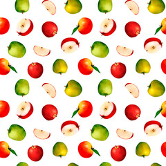 Juicy red and green clip art apple and piece of, watercolor botanical seamless pannern for prints, invitations, cards for the autumn holidays Thanksgiving, Halloween, harvest festival, farmer's market
