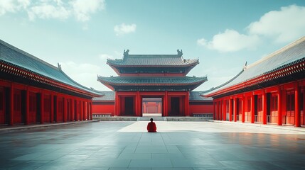 Obraz premium Traditional Chinese Architecture with Platform, Road, and Parking Area on Brick Surface for Automotive Advertisement Featuring Blank Background