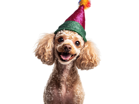 Poodle Dog in Christmas Day Festival wearing Santa hat standing with a happy face isolated on transparent background PNG