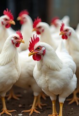 Fototapeta premium A group of white chickens gather together on a farm, their red combs standing out against their fluffy feathers