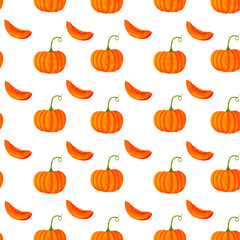 Juicy orange clip art pumpkin and piece of, watercolor botanical seamless pannern, for prints, invitations, cards for the autumn holidays Thanksgiving, Halloween, harvest festival, farmer's market