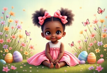 Fototapeta premium A cute black little girl with pink bows in her hair sits in a field of flowers with colorful Easter eggs