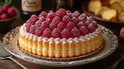 Delicious raspberry charlotte cake with powdered sugar on elegant plate