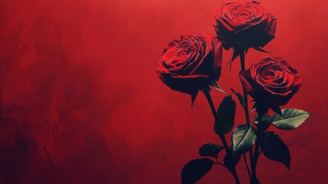 Three stunning red roses are elegantly arranged against a rich red background, highlighting their exquisite petals and lush green leaves. This classic floral display evokes feelings of love and romanc