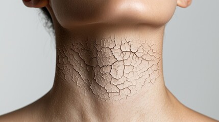 Close-up of neck with cracked, dry skin highlighting dehydration. Skin hydration.