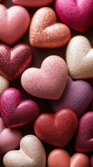 Fototapeta premium A collection of glittery hearts in shades of pink, red, and purple is displayed together, creating a vibrant, festive atmosphere. The arrangement highlights the colors and textures, perfect for celebr