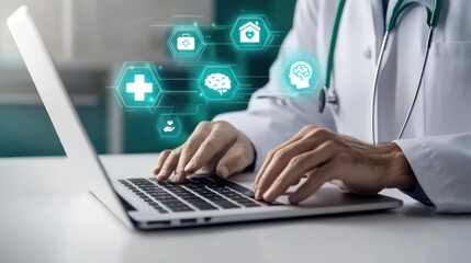 Doctor typing on laptop with floating medical icons and data flowing from fingers, medical data, patient security, patient portals