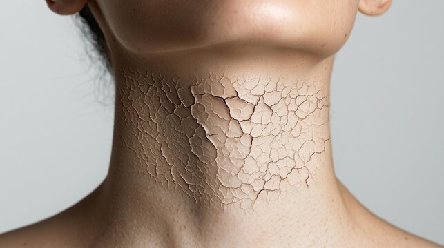 Close-up of neck with cracked, dry skin highlighting dehydration. Skin hydration. - Powered by Adobe