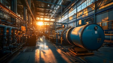 Fototapeta premium Industrial sunrise captivating light play in a modern factory setting with machinery and pipelines amidst the dawn glow