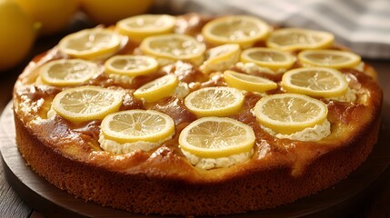 Mouthwatering lemon upside-down cake with fresh citrus slices and golden crust