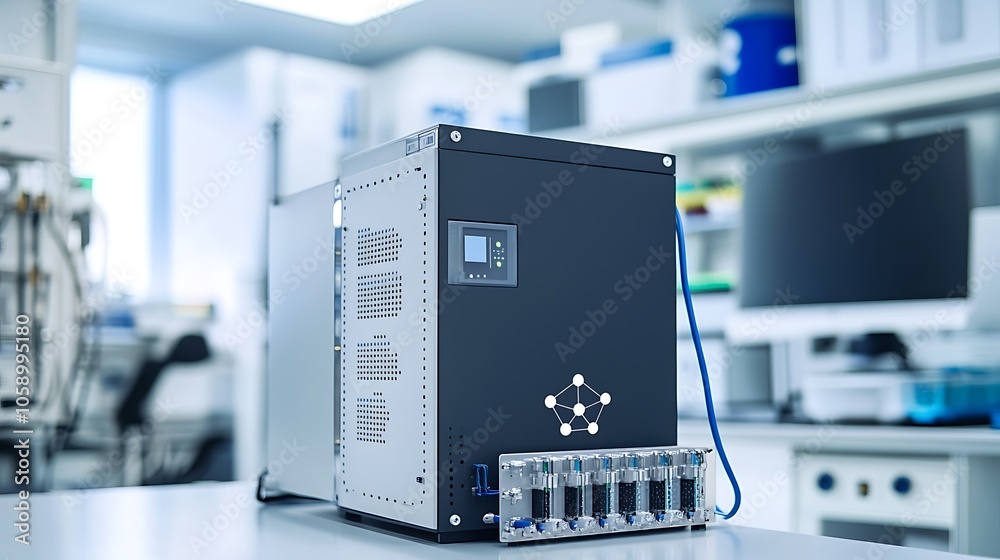 Poster a computer system in a laboratory setting, likely for data processing or analysis.