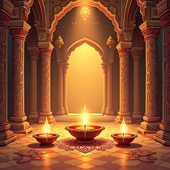 Diwali ancient hindu temple interior background. Hindu Temple. Illustration by AI

