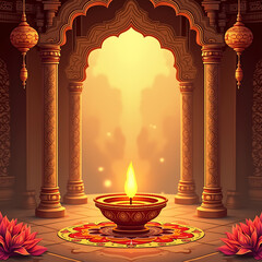 Diwali ancient hindu temple interior background. Hindu Temple. Illustration by AI
