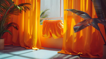 Orange Curtains and Floating Shorts in Sunlit Room