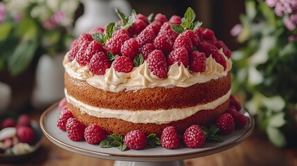 Delicious raspberry cake with cream frosting and fresh mint garnish on elegant plate