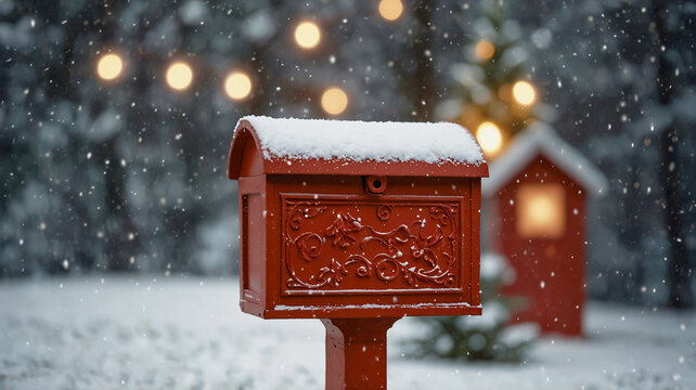 Red Christmas mailbox on winter background with snow falling and Christmas lights. Sending letters to Santa Claus. Santa mail. Merry Christmas wishes