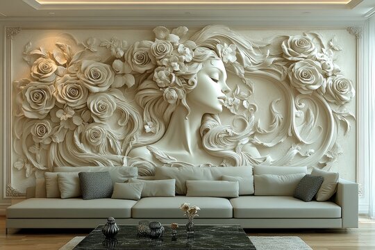 The sculptured bas relief is mounted on a textured wall with a picture made of gypsum