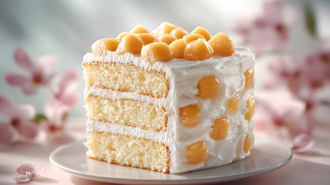 Delicious layered cake with whipped cream and fresh fruit on a spring day - Powered by Adobe