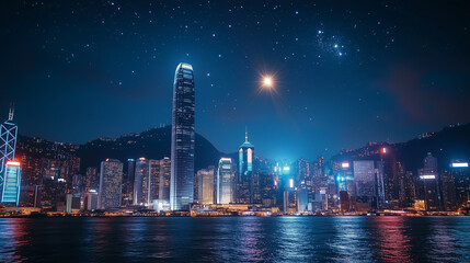 Fototapeta premium Night cityscape with brightly lit skyscrapers and a starry sky over the water