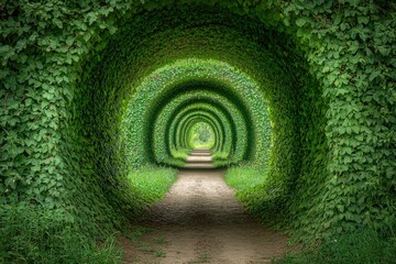 A serene, green tunnel formed by lush foliage along a dirt path, inviting exploration and tranquility.
